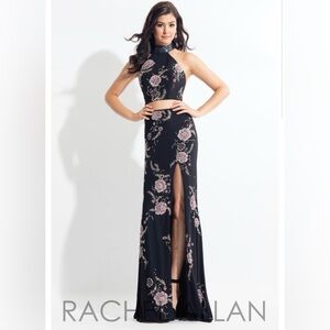 Rachel Allan Two-Piece Black and Pink Floral Prom Gown
